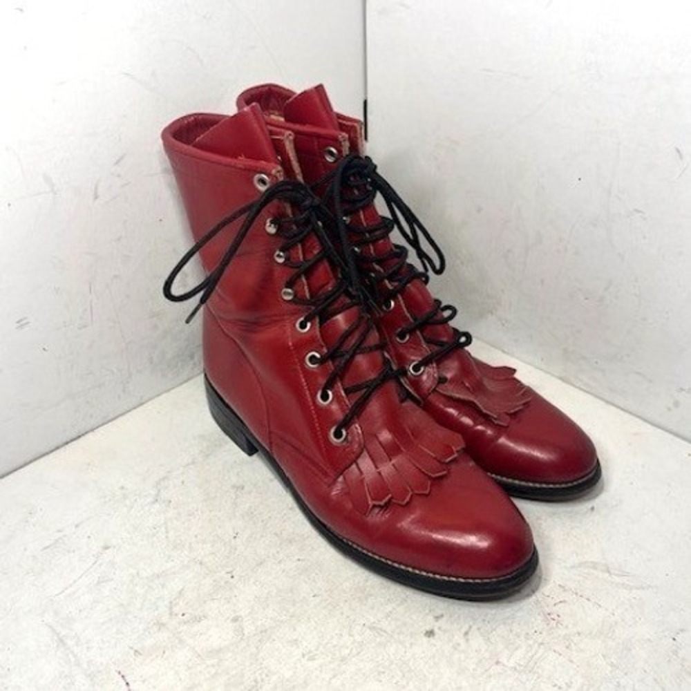 Diamond J Boots Red Leather Lace Up Kiltie Western Boots Womens 7 B 00503